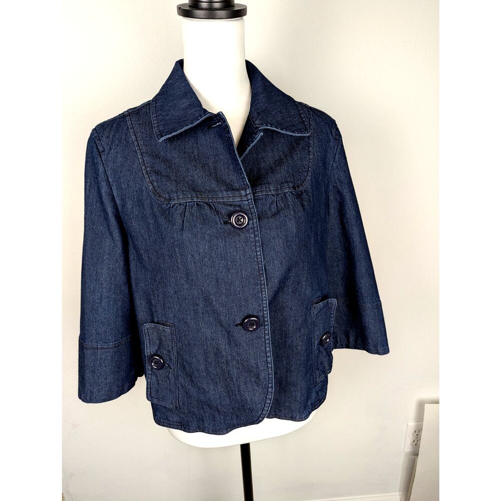 Larry Levine Stretch Cropped Denim Jacket 3/4 Swing Sleeve Indigo Dark Wash XL